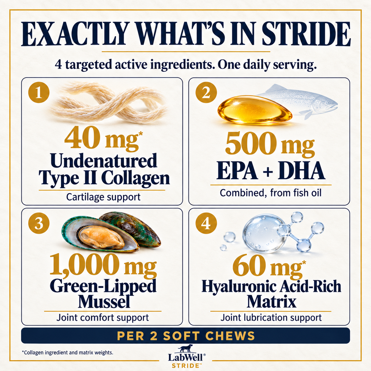LabWell STRIDE four active ingredients and exact amounts per two soft chews, with large ingredient labels