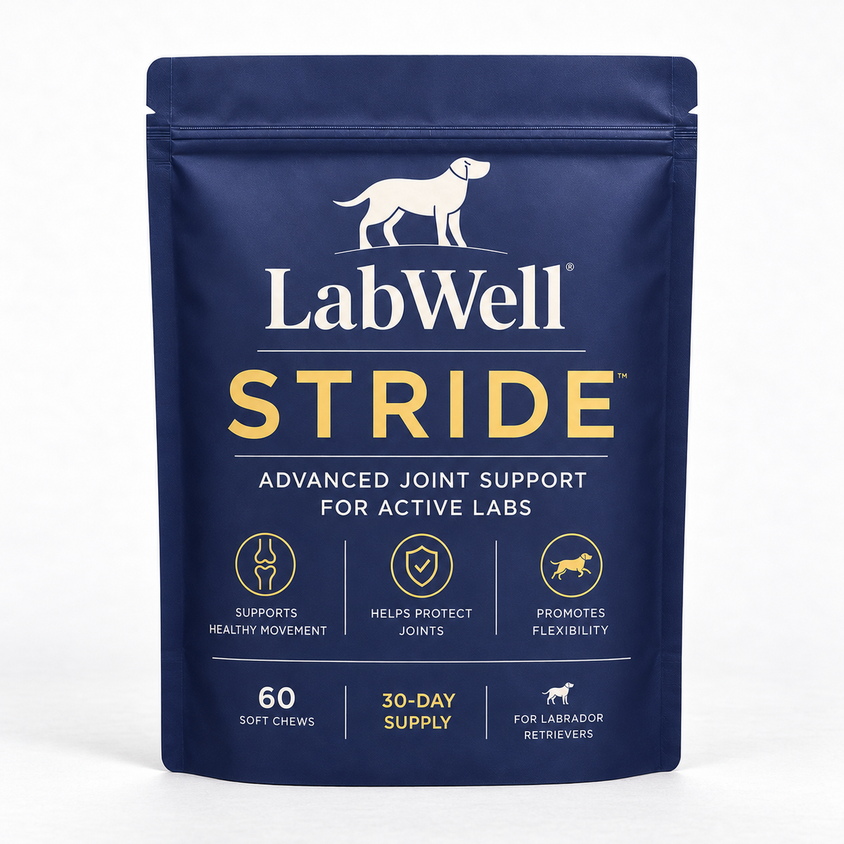 LabWell STRIDE front pouch photographed in a square composition on a textured white studio set